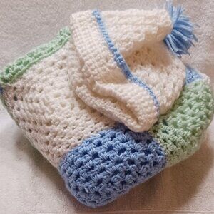 Newly Made Matching Baby Blanket and Baby Cap Approximate 30x30 Inches